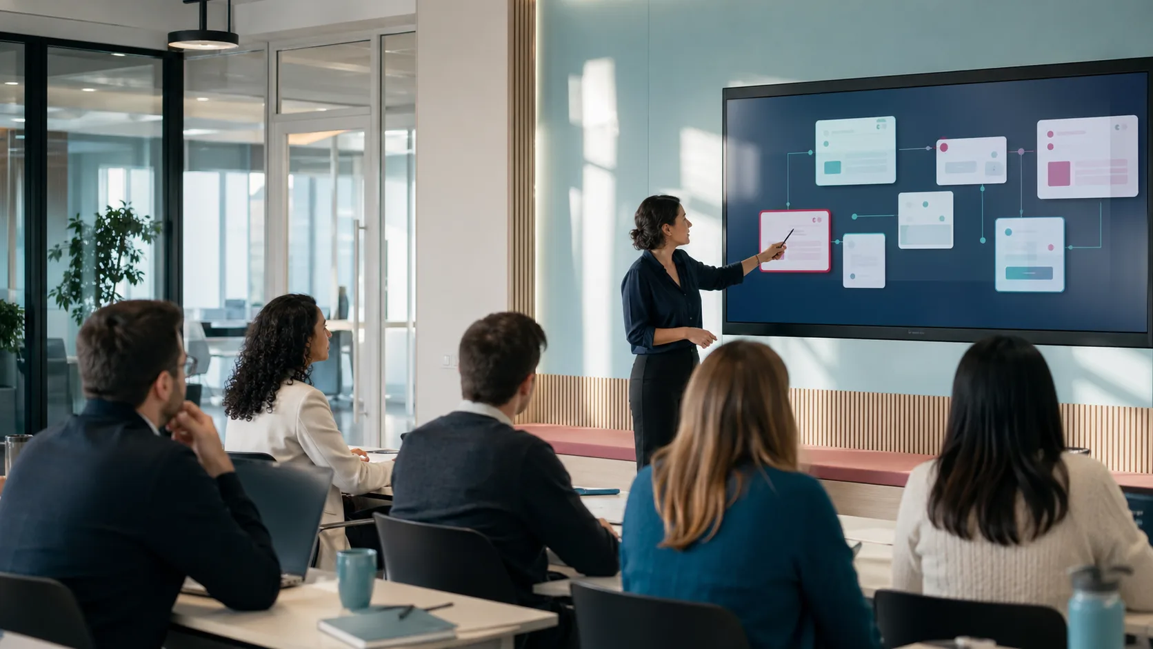 Formación en inteligencia artificial para empresas con una facilitadora explicando flujos de IA a un equipo