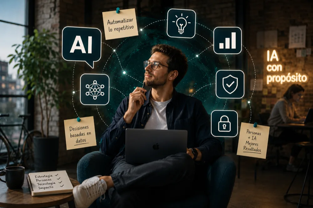 Profesional formándose en alfabetización en IA rodeado de iconos de inteligencia artificial: automatización, decisiones con datos, seguridad y uso responsable en la empresa