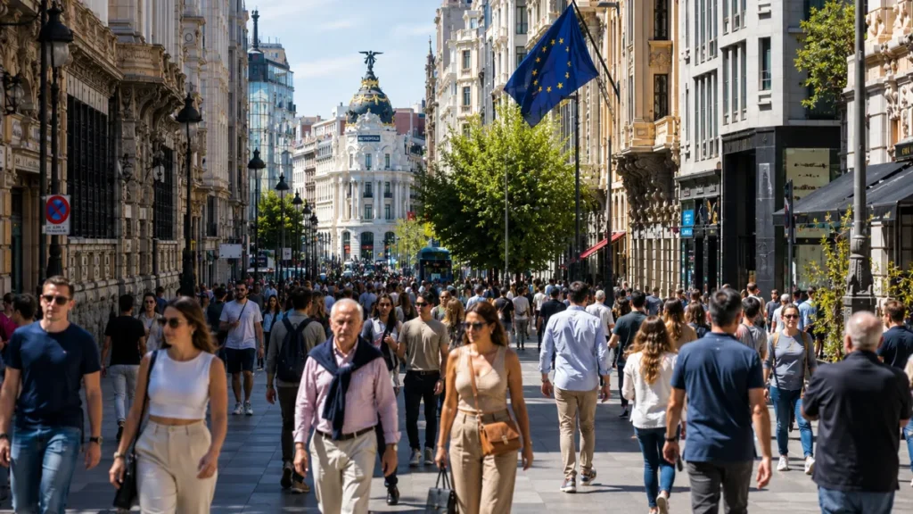 Personas caminando por una calle de una ciudad europea, ciudadanos a quienes protege el AI Act