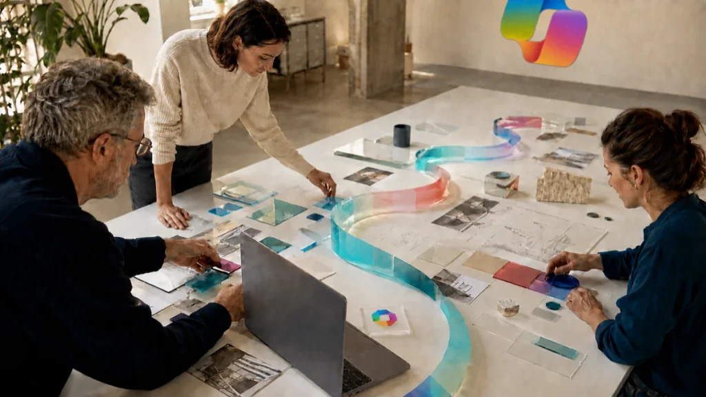 Tres profesionales revisando planos y muestras de material alrededor de una mesa de trabajo en un estudio de diseño, con el isotipo de Microsoft Copilot en la pared del fondo