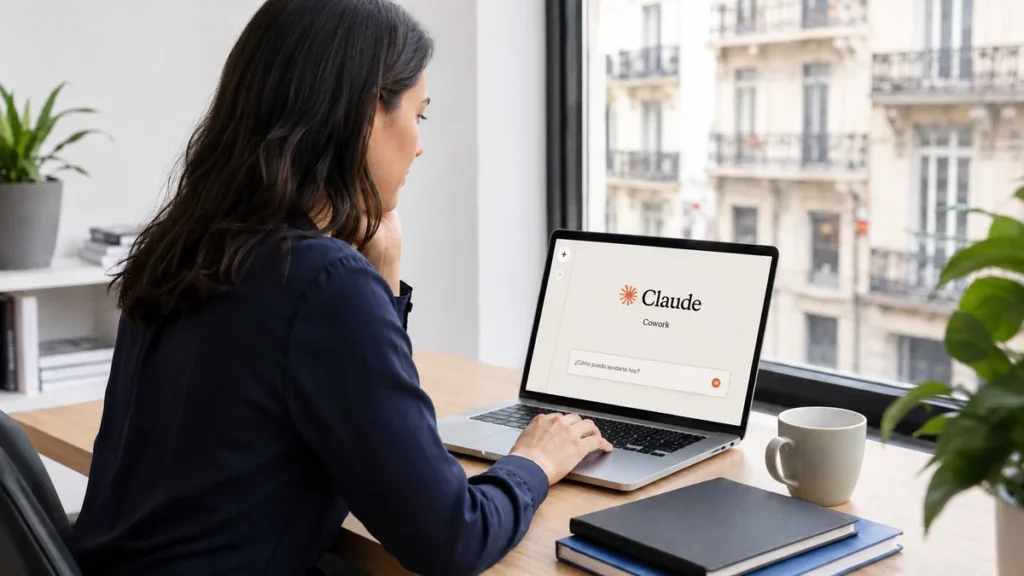 Profesional trabajando con Claude Cowork en un portátil en la oficina