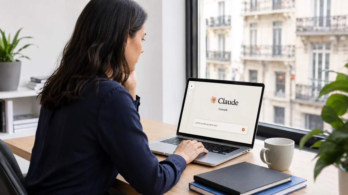 Profesional trabajando con Claude Cowork en un portátil en la oficina